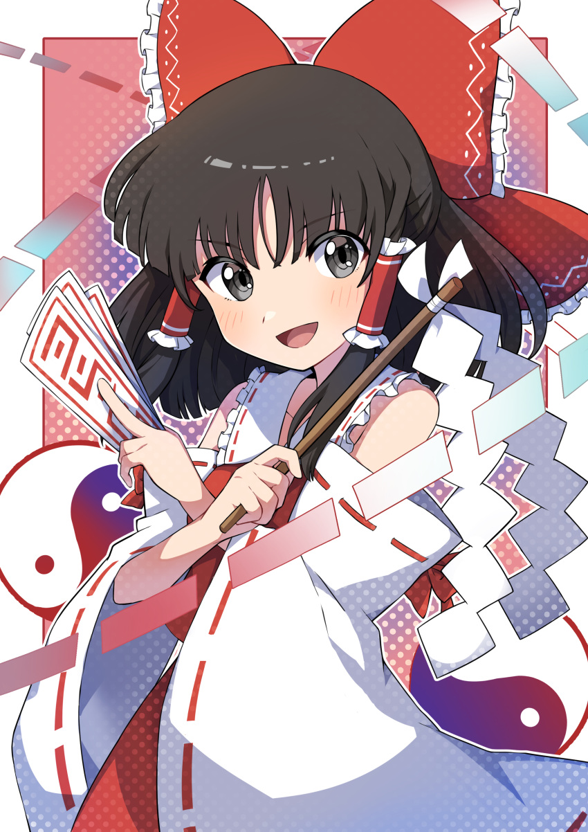 1girl :d absurdres ascot bangs bare_shoulders between_fingers black_eyes black_hair blush bow collar collarbone commentary_request detached_sleeves flat_chest frilled_bow frilled_collar frills gohei hair_bow hakurei_reimu highres holding holding_stick long_sleeves looking_at_viewer medium_hair miz_(mizillustration) nontraditional_miko ofuda open_mouth orb outside_border red_bow red_ribbon red_skirt red_vest ribbon ribbon-trimmed_sleeves ribbon_trim skirt smile solo stick tongue touhou vest white_sleeves wide_sleeves wing_collar yellow_ascot yin_yang yin_yang_orb
