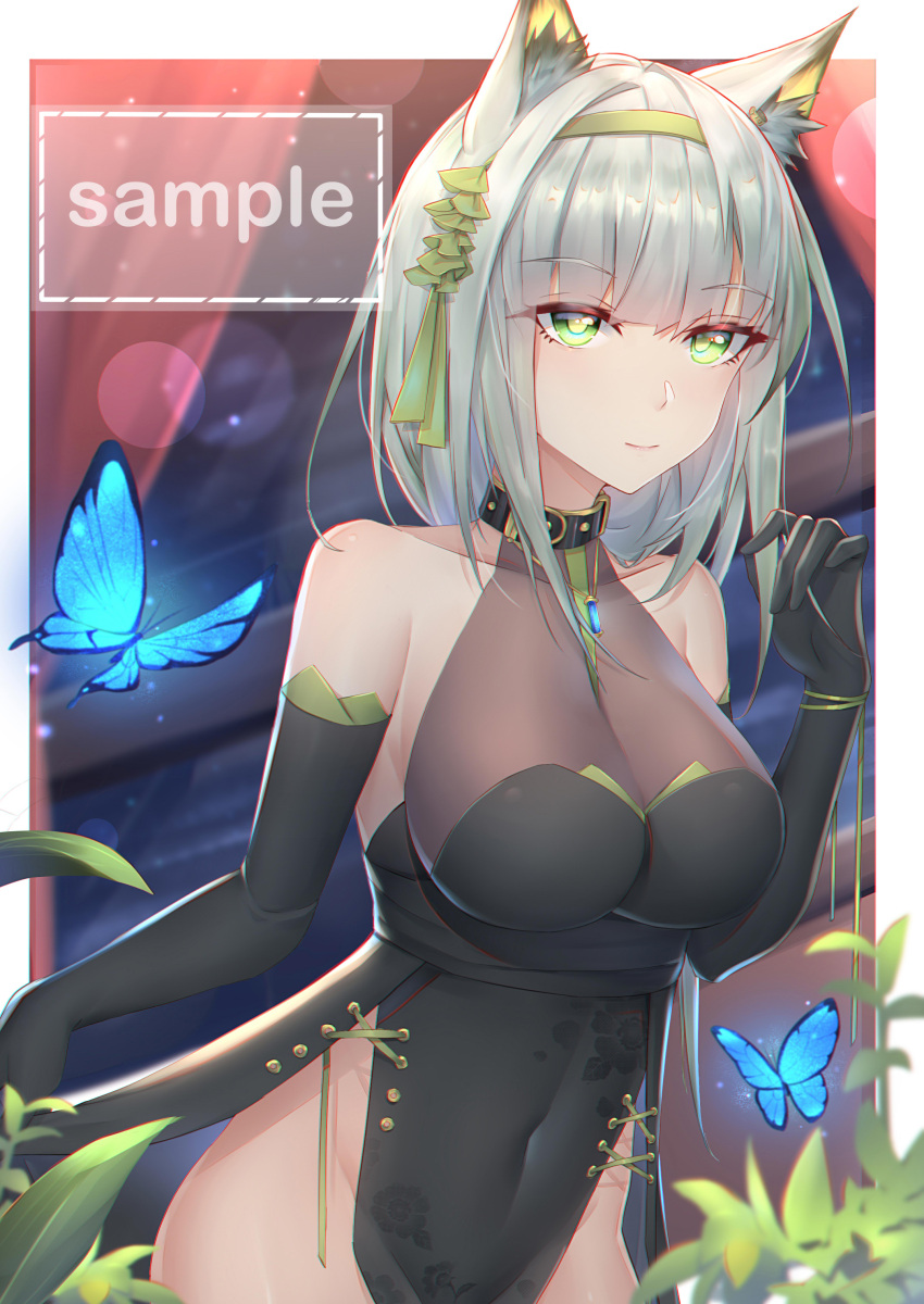 1girl absurdres animal_ear_fluff animal_ears arknights bangs bare_shoulders black_dress black_gloves breasts bug butterfly cat_ears collarbone commentary_request covered_navel dress elbow_gloves eyebrows_visible_through_hair gloves green_eyes groin hairband highres kal'tsit_(arknights) large_breasts looking_at_viewer short_hair silver_hair sking sleeveless sleeveless_dress smile solo upper_body yellow_hairband