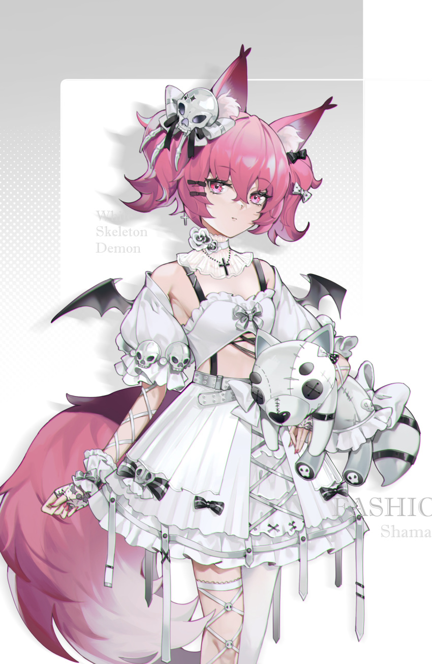 1girl absurdres animal_ears arknights belt black_bow black_wings bow character_name closed_mouth cowboy_shot cross cross_earrings cross_necklace detached_collar detached_sleeves earrings eminya27 english_text fingerless_gloves flat_chest fox_ears fox_girl fox_tail frilled_skirt frills gloves hair_bow hair_ornament high-waist_skirt highres holding holding_stuffed_toy jewelry looking_at_viewer nail_polish necklace pink_eyes pink_hair pink_nails revealing_clothes shamare_(arknights) short_hair short_sleeves short_twintails single_leg_pantyhose skirt skull_hair_ornament solo stuffed_toy tail thigh_strap twintails white_bow white_gloves white_legwear white_skirt wings wrist_cuffs