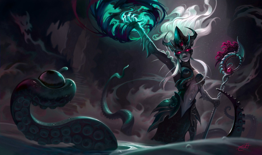 1girl arm_up armor bangs black_sclera breasts closed_mouth colored_sclera colored_skin gem green_skin helmet holding holding_staff league_of_legends long_hair looking_at_viewer magic medium_breasts mermaid monster_girl nami_(league_of_legends) navel red_eyes signature solo staff tentacles thorsten_erdt water white_hair