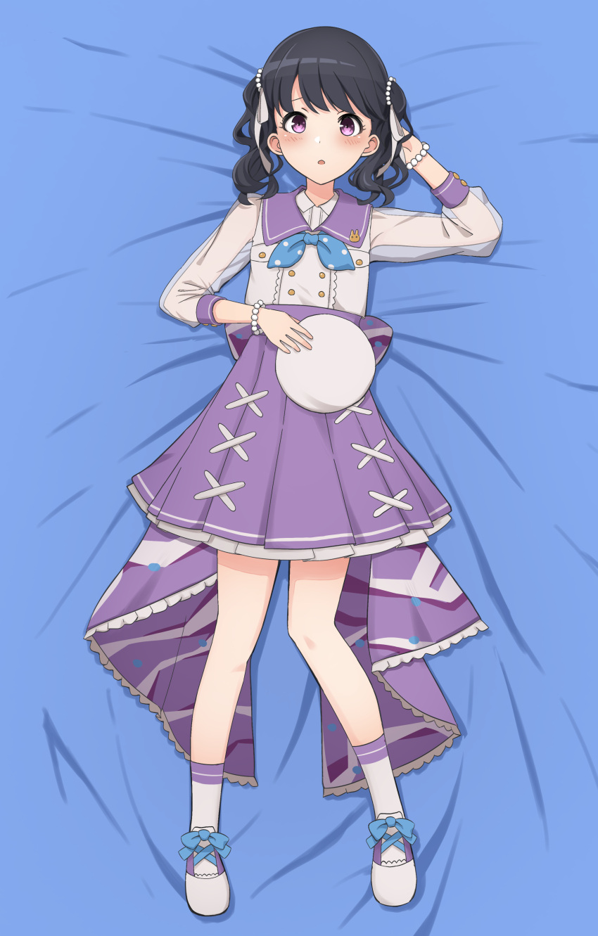 1girl absurdres black_hair bracelet commentary_request emu_1316 fukumaru_koito full_body hat hat_removed headwear_removed high-waist_skirt highres idolmaster idolmaster_poplinks idolmaster_shiny_colors jewelry looking_at_viewer lying neckerchief on_back on_bed pearl_bracelet pearl_hair_ornament purple_skirt sailor_collar see-through_sleeves shirt skirt solo twintails violet_eyes white_legwear white_shirt