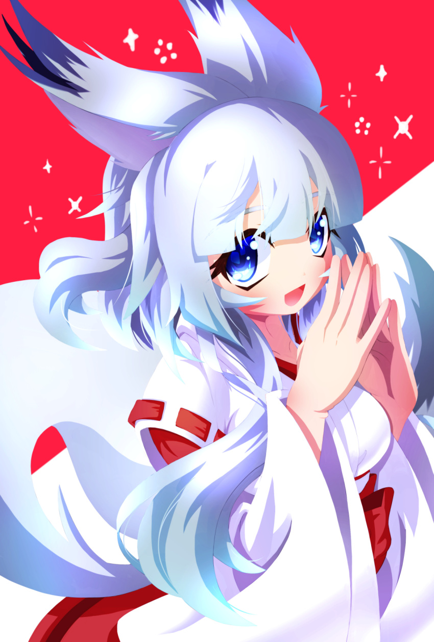 1girl :d animal_ears bangs blue_eyes blue_hair blunt_bangs collarbone endless1192 fingers_together fox_ears fox_girl hair_over_shoulder hands_up highres japanese_clothes kimono long_hair long_sleeves looking_at_viewer medium_hair original red_background simple_background smile solo upper_body white_background white_kimono wide_sleeves