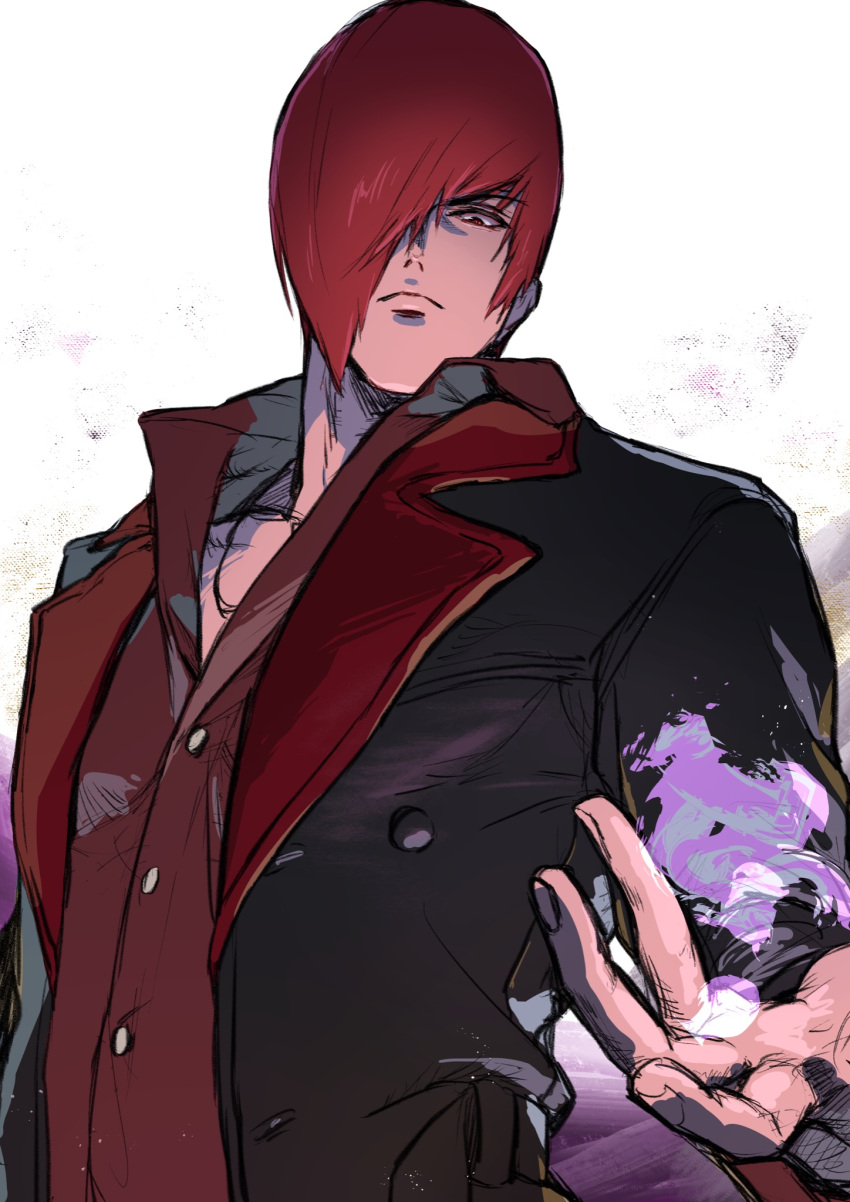 1boy bangs beniazumaru closed_mouth fire hair_over_one_eye highres jacket jewelry looking_at_viewer necklace purple_fire pyrokinesis red_eyes red_jacket redhead shirt short_hair simple_background solo the_king_of_fighters upper_body white_background yagami_iori