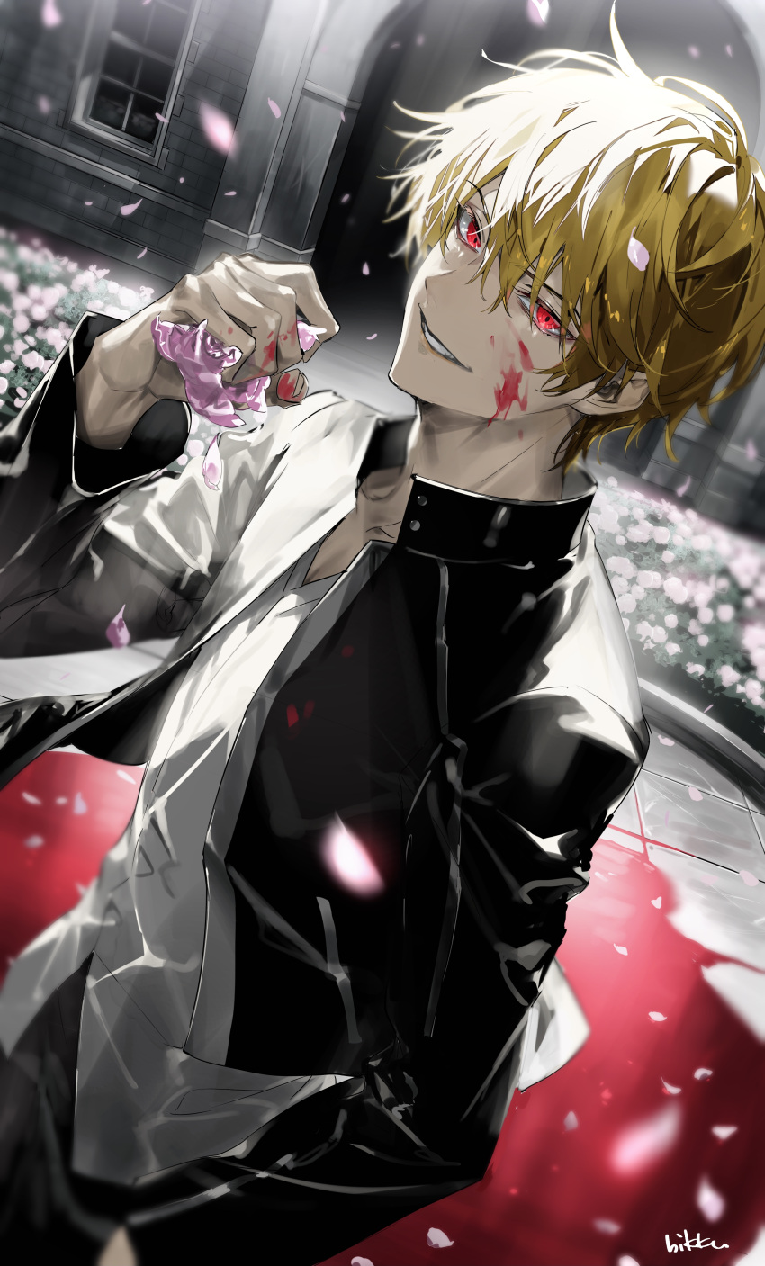1boy absurdres artist_name bikkusama black_jacket blonde_hair blood blood_on_clothes blood_on_face blood_on_hands cropped_jacket fate/stay_night fate/unlimited_blade_works fate_(series) flower gilgamesh_(fate) glance highres holding holding_flower jacket light long_sleeves looking_at_viewer male_focus open_clothes open_jacket petals pink_flower pool_of_blood red_eyes shirt signature smile solo upper_body white_shirt