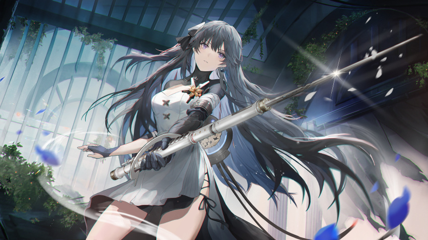 1girl absurdres accessories bangs black_hair blade blue_hair breasts curtains curvy dress earrings eyebrows_visible_through_hair fingerless_gloves flute garden gloves hair_ornament highres holding holding_instrument holding_weapon instrument jewelry light_rays long_hair looking_away mada_(shizhou) mecha_musume medium_breasts multicolored_hair official_style ornament petals pillar punishing:_gray_raven selena_(punishing:_gray_raven) shiny short_sleeves tree violet_eyes weapon