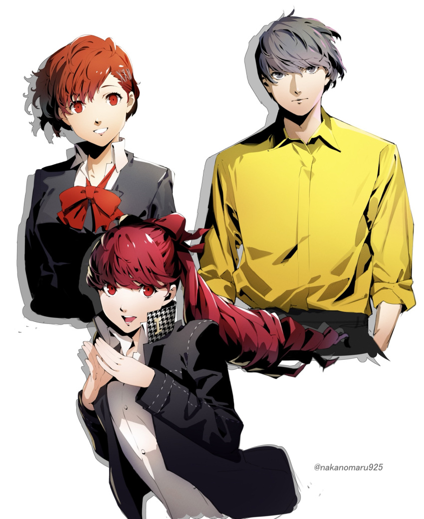 1boy 2girls artist_name bow brown_hair closed_mouth cosplay grey_eyes grey_hair grin hair_bow hair_ornament highres multiple_girls nakano_maru narukami_yuu narukami_yuu_(cosplay) open_mouth persona persona_3 persona_4 persona_5 ponytail red_bow red_eyes redhead shiomi_kotone shirt short_hair simple_background smile teeth white_background x_hair_ornament yellow_shirt yoshizawa_kasumi