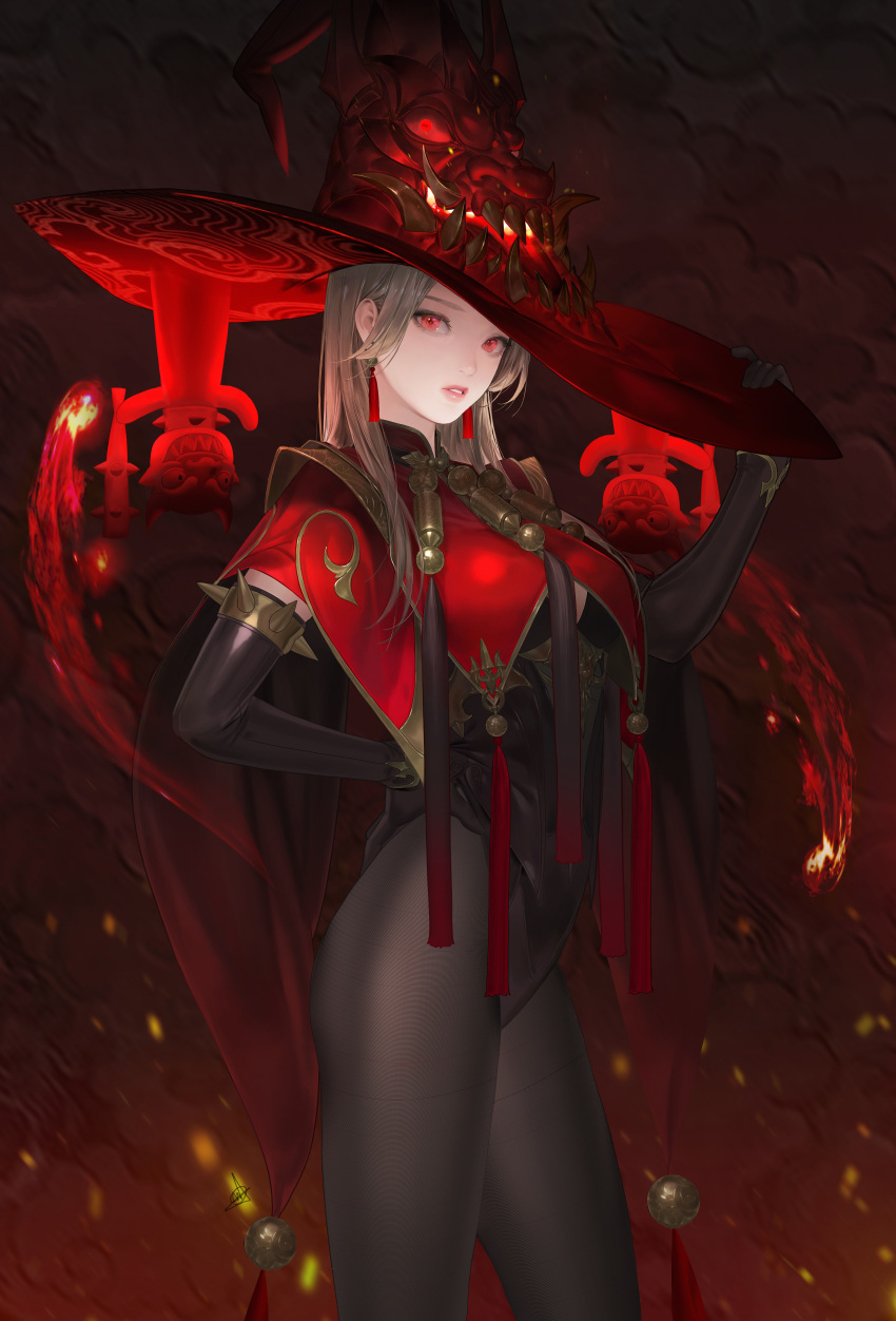 absurdres armlet commentary daeho_cha earrings elbow_gloves english_commentary fire gloves hat highres incredibly_absurdres jewelry lips long_hair magic monster original pantyhose red_eyes red_headwear spiked_armlet standing tassel tassel_earrings witch_hat
