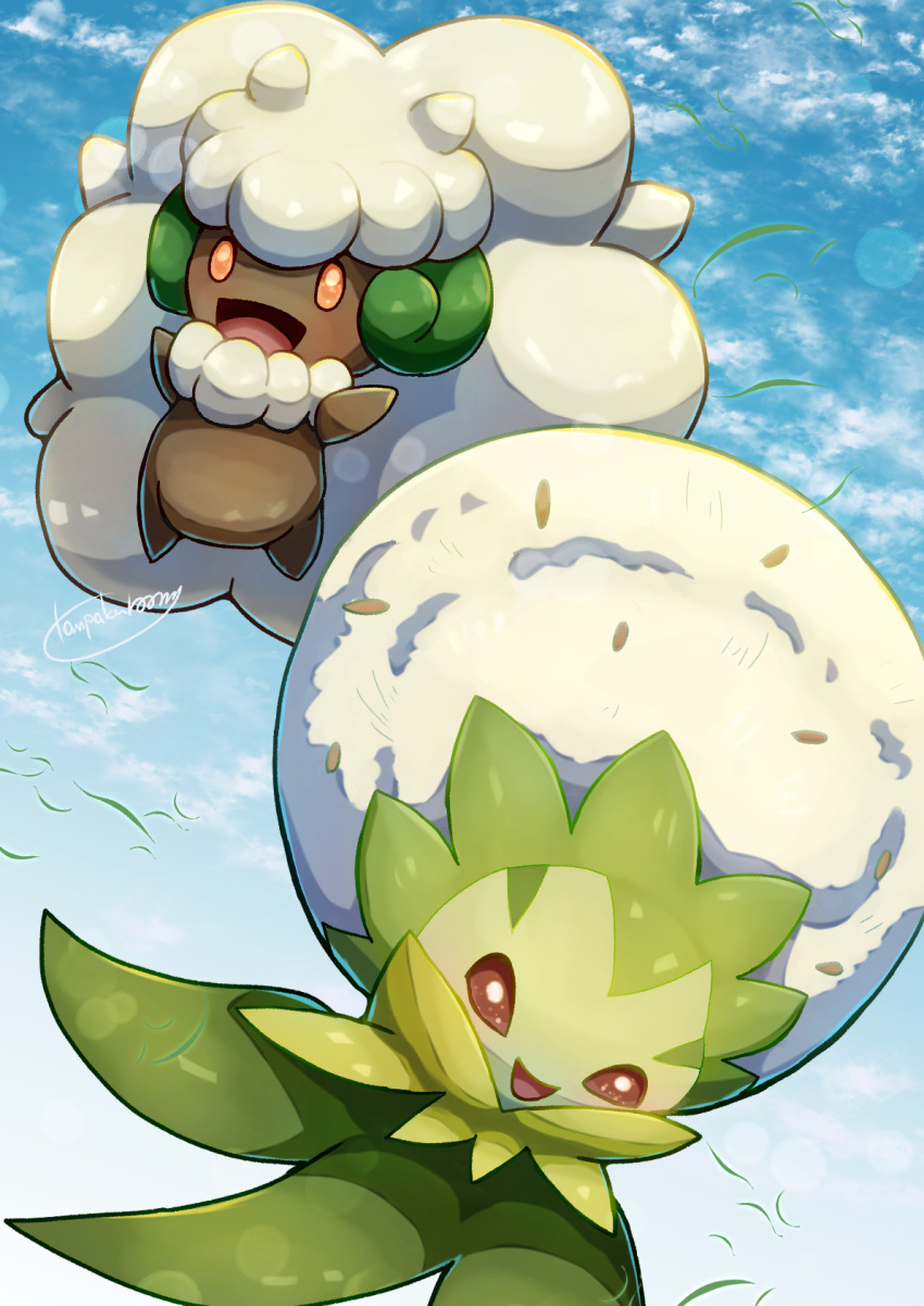 :d brown_eyes clouds commentary_request day eldegoss happy highres leaves_in_wind no_humans open_mouth orange_eyes outdoors pokemon pokemon_(creature) signature sky smile tanpakuroom tongue whimsicott