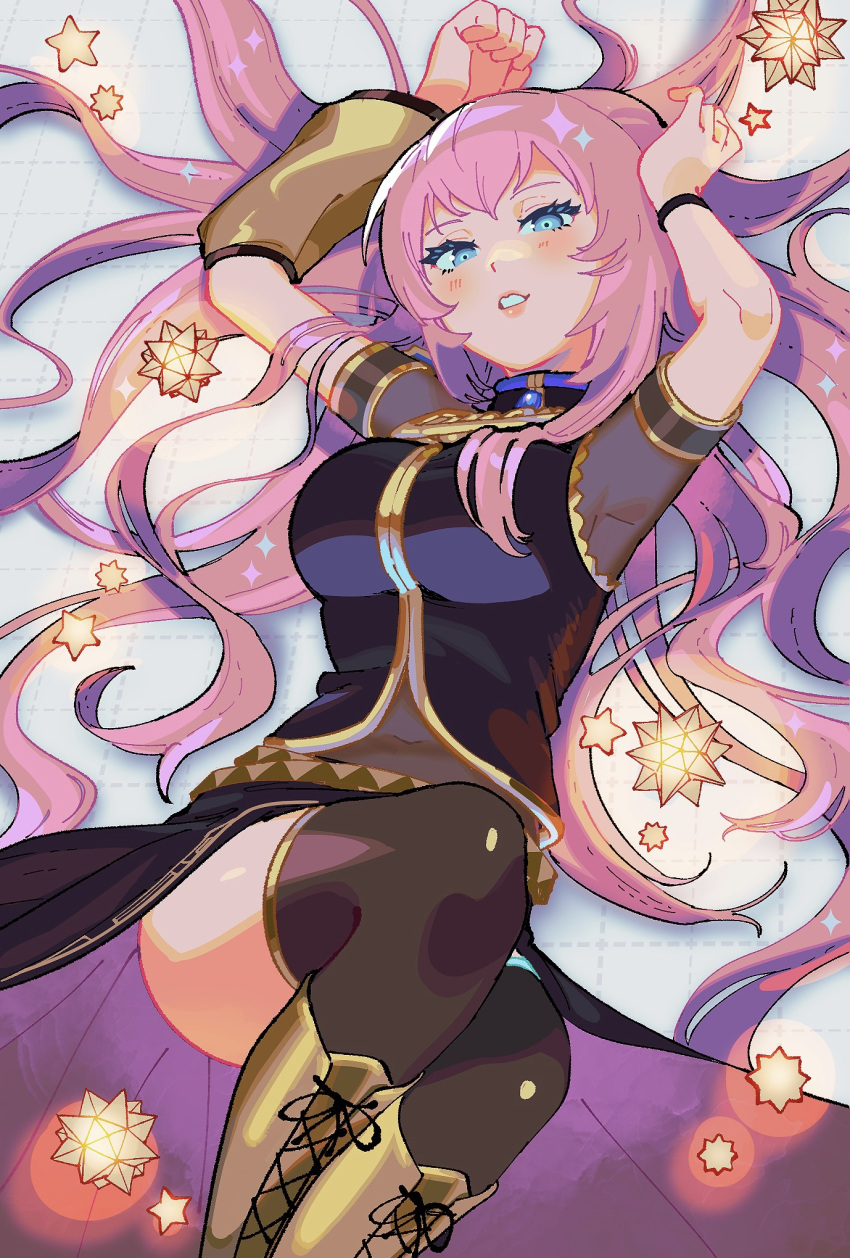 1girl armpits arms_up asymmetrical_sleeves bangs black_legwear black_skirt blue_eyes boots breasts brown_footwear brown_sleeves covered_navel detached_sleeves from_above highres knee_boots large_breasts long_hair looking_at_viewer lying megurine_luka on_back parted_lips pink_hair single_sleeve skirt solo thigh-highs very_long_hair vocaloid yooki_(winter_cakes)