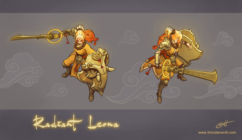 1girl alternate_costume armor armored_boots bangs bead_necklace beads blonde_hair boots character_name commentary facial_mark forehead_mark glowing grey_background holding holding_shield holding_sword holding_weapon japanese_clothes jewelry kimono league_of_legends leona_(league_of_legends) long_hair necklace orange_kimono shield shoulder_armor signature sword thorsten_erdt weapon web_address