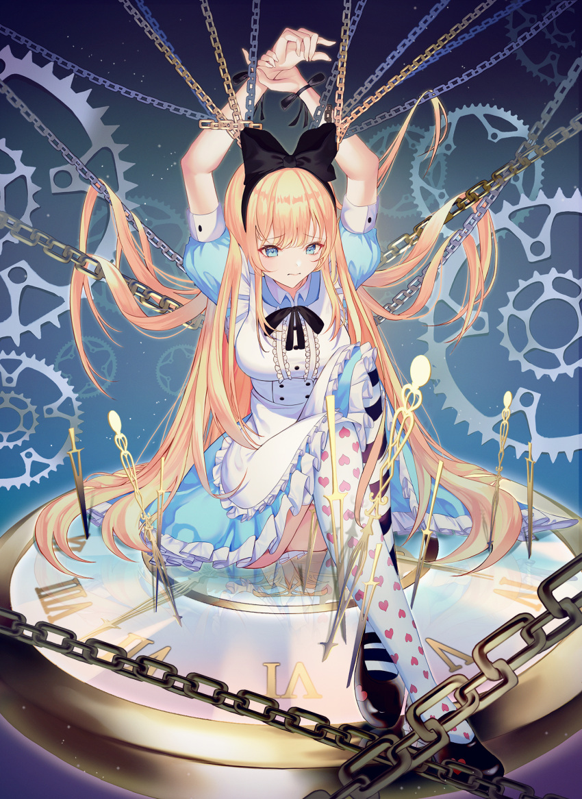1girl alice_(alice_in_wonderland) alice_in_wonderland apron arms_behind_head arms_up asymmetrical_legwear bangs black_bow black_footwear black_ribbon blanc_(blanc97) blonde_hair blue_dress blue_eyes bound bound_wrists bow breasts buttons chain closed_mouth double-breasted dress english_commentary eyebrows_visible_through_hair frilled_apron frills frown gears hair_bow highres juliet_sleeves knees_up large_breasts long_hair long_sleeves mary_janes neck_ribbon patterned_legwear pocket_watch puffy_short_sleeves puffy_sleeves reflection ribbon shiny_footwear shoes short_sleeves sidelocks solo striped striped_legwear thigh-highs very_long_hair waist_apron watch wavy_mouth white_apron