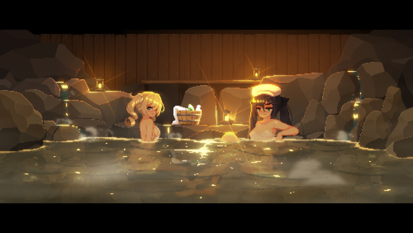 2girls aduare barbara_(genshin_impact) bathing black_hair blonde_hair blue_eyes boulder bucket completely_nude fence genshin_impact hot_springs lamp letterboxed long_hair looking_at_another looking_at_viewer mona_(genshin_impact) multiple_girls naked_towel night nude object_on_head onsen partially_submerged pixel_art rock sitting steam towel towel_on_head twintails water waterfall wooden_bucket wooden_fence