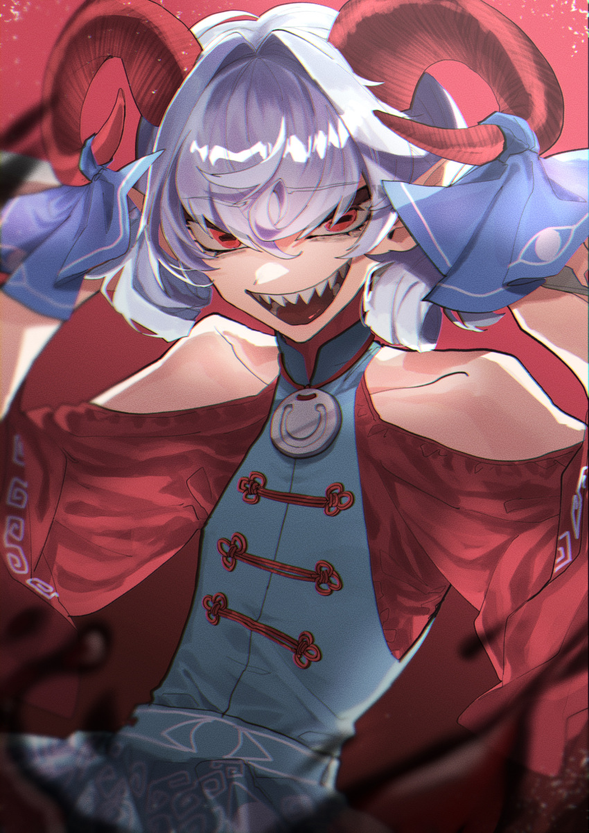 1girl absurdres blue_dress blue_vest curly_hair detached_sleeves dress earrings eye_print fuuga_(perv_rsity) hair_between_eyes highres horizontal_pupils horn_ornament horn_ribbon horns jewelry meandros patterned_clothing pointy_ears red_eyes red_horns red_sleeves ribbon sharp_teeth sheep_horns solo teeth touhou toutetsu_yuuma vest white_hair