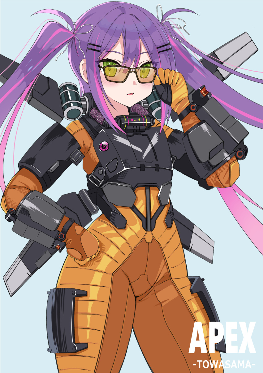 1girl absurdres apex_legends bangs blue_background blush bodysuit clenched_hand copyright_name cosplay eyebrows_visible_through_hair green_eyes hair_behind_ear hand_on_hip highres hololive jetpack logo looking_at_viewer open_mouth orange_bodysuit purple_hair ranobe-senka solo sunglasses tokoyami_towa twintails valkyrie_(apex_legends) valkyrie_(apex_legends)_(cosplay) virtual_youtuber
