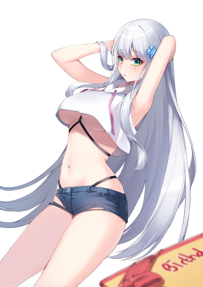 1girl armpits arms_behind_head arms_up bad_id bad_twitter_id bare_arms bare_shoulders blue_shorts breasts chest_harness cowboy_shot crop_top crop_top_overhang cross_hair_ornament denim denim_shorts drawstring facial_mark girls_frontline green_eyes hair_ornament harness highleg highres hk416_(girls'_frontline) long_hair looking_at_viewer medium_breasts micro_shorts midriff navel no_bra parted_lips revealing_clothes shirt short_shorts shorts simple_background sleeveless sleeveless_shirt solo stomach strap thighs thong torn_clothes torn_shorts ugwa under_boob very_long_hair white_background white_hair white_shirt