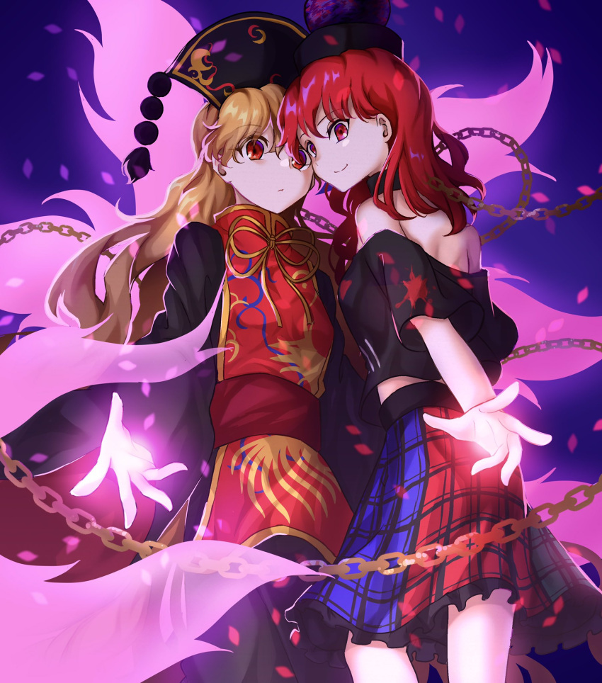 arm_up aura bangs black_choker black_shirt blonde_hair blush chain chinese_clothes choker clothes_writing collarbone commentary_request earth_(ornament) energy eyebrows_visible_through_hair eyelashes fingernails fox_tail glowing gold_chain happy hecatia_lapislazuli highres junko_(touhou) lips long_hair looking_at_viewer medium_hair moon_(ornament) multiple_girls neold off-shoulder_shirt off_shoulder open_mouth phoenix_crown polos_crown red_eyes redhead ribbon shiny shiny_hair shirt sidelocks slit_pupils smile standing t-shirt tail tassel tongue touhou upper_body yellow_eyes yellow_ribbon