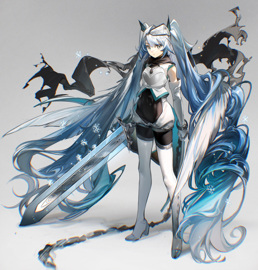 1girl absurdly_long_hair absurdres armor arms_at_sides bangs bare_shoulders black_bodysuit black_cape black_scarf blue_hair bodysuit bodysuit_under_clothes boots breastplate cape clenched_hand covered_navel elbow_gloves full_body gloves gradient gradient_background grey_eyes hair_ornament hair_wings hatsune_miku helmet highres holding holding_sword holding_weapon jumpsuit long_hair looking_at_viewer rumoon scar scar_on_face scar_on_nose scarf short_jumpsuit smile solo standing sword thigh-highs thigh_boots torn_scarf twintails very_long_hair vocaloid weapon white_footwear white_jumpsuit white_wings wings wrist_belt yuki_miku