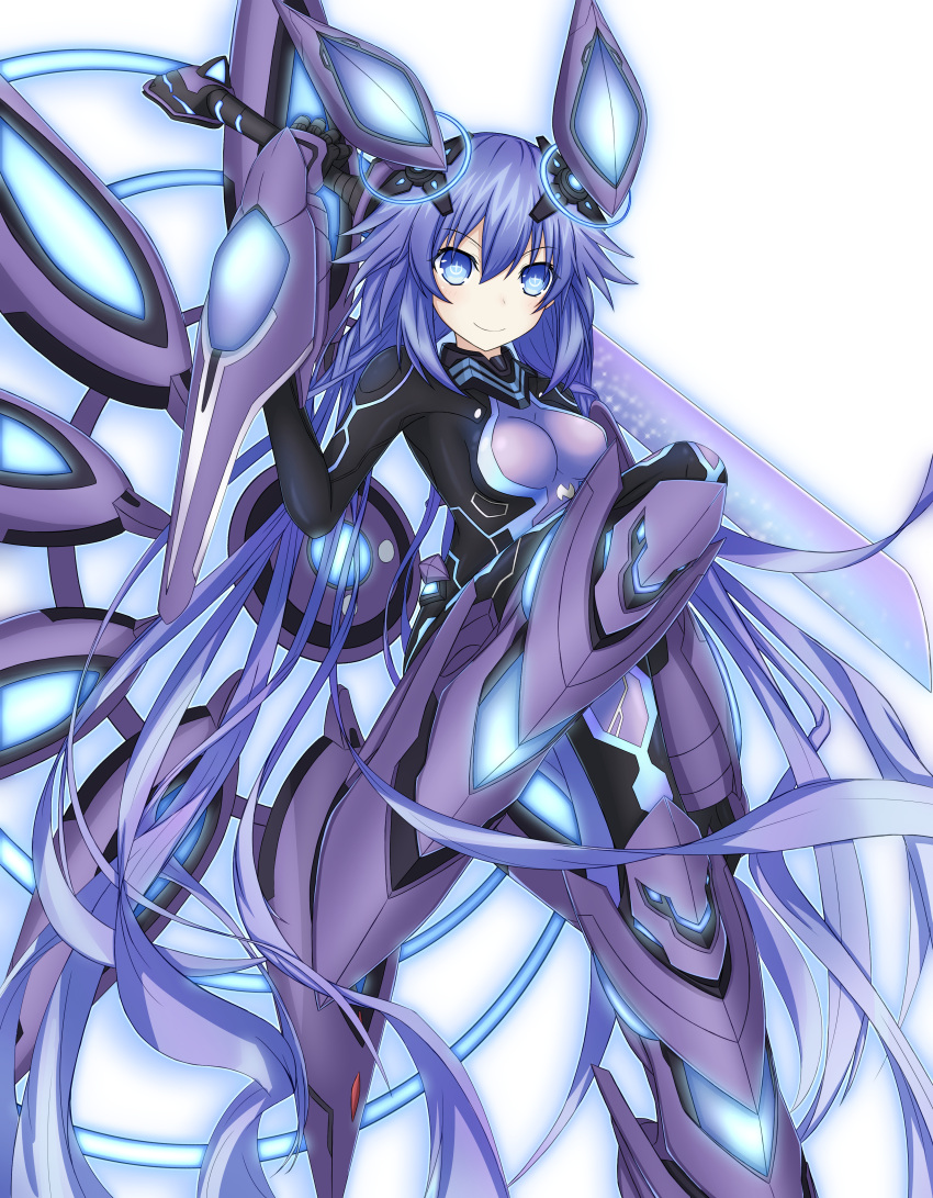 1girl absurdres bangs blue_eyes blush bodysuit breasts closed_mouth commentary_request full_body hair_between_eyes headgear highres holding holding_sword holding_weapon long_hair looking_at_viewer nepsuka_(hachisuka) neptune_(series) next_purple power_symbol purple_hair simple_background skin_tight smile solo sword symbol-shaped_pupils weapon white_background