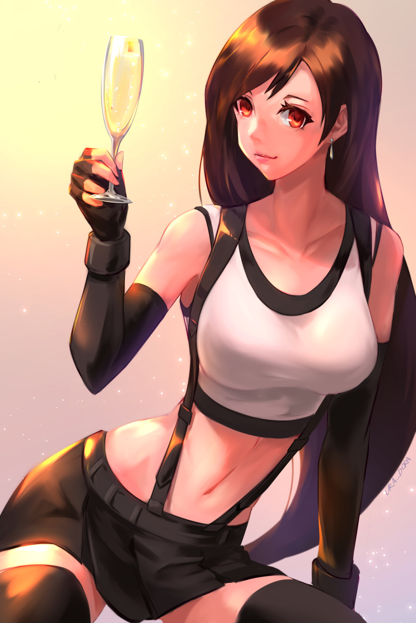 1girl absurdres alcohol arm_support artist_name black_gloves black_hair black_shorts breasts brown_hair closed_mouth collarbone cup dangle_earrings detached_sleeves drinking_glass earrings elbow_gloves final_fantasy final_fantasy_vii final_fantasy_vii_remake gloves highres jewelry light_smile long_hair looking_at_viewer midriff navel night night_sky red_eyes shirt shorts skirt sky smile solo star_(sky) starry_sky suspender_skirt suspenders tank_top taut_clothes tifa_lockhart ura_dora white_background white_shirt wine wine_glass