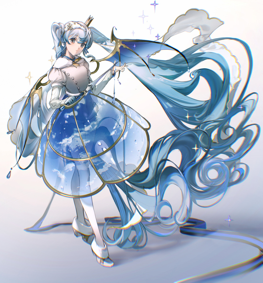 1girl absurdly_long_hair absurdres bangs bat_wings beads blue_background blue_eyes blue_gloves blue_hair blue_skirt blue_theme blue_wings braid cloud_hair_ornament cloud_print crinoline crown crystal curly_hair dripping floating_hair fur_trim gloves gradient gradient_background hair_ribbon hairband hatsune_miku high_heels highres holding holding_sword holding_weapon hoop_skirt layered_sleeves long_hair long_sleeves neck_ribbon pantyhose puffy_short_sleeves puffy_sleeves rapier ribbon rumoon see-through short_over_long_sleeves short_sleeves short_sword sidelocks single_glove skirt sky_print smile snowflake_print solo sparkle sword twintails very_long_hair vocaloid weapon white_background white_footwear white_legwear wing_ornament wings yellow_ribbon yuki_miku