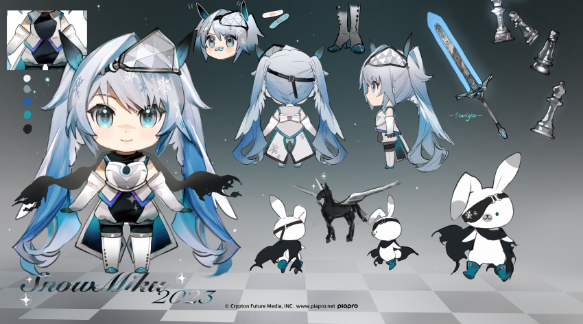 1girl 2023 :3 absurdly_long_hair absurdres animal armor arms_at_sides bandaid bandaid_on_face bandaid_on_nose bangs bare_shoulders black_cape black_scarf blue_eyes blue_footwear blue_hair boots breastplate cape character_sheet checkered_floor chess_piece chibi clothed_animal color_guide commentary_request company_name elbow_gloves eyepatch facing_away gloves gradient gradient_background hair_ornament hair_wings hatsune_miku helmet highres jumpsuit long_hair looking_at_viewer multiple_views pegasus profile rabbit rabbit_yukine rumoon scar scar_on_face scar_on_nose scarf short_jumpsuit smile standing sword thigh-highs thigh_boots torn_scarf turnaround twintails very_long_hair vocaloid weapon white_footwear white_jumpsuit wings yuki_miku