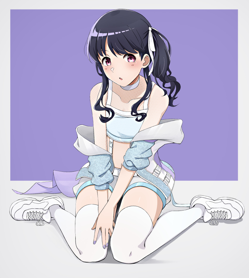 1girl absurdres black_hair commentary_request emu_1316 fukumaru_koito full_body hair_ribbon highres idolmaster idolmaster_shiny_colors jacket long_hair looking_at_viewer midriff navel off_shoulder open_clothes open_jacket open_mouth purple_background ribbon shoes shorts side_ponytail sitting sneakers solo thigh-highs two-tone_background violet_eyes wariza white_background white_footwear white_legwear white_shorts