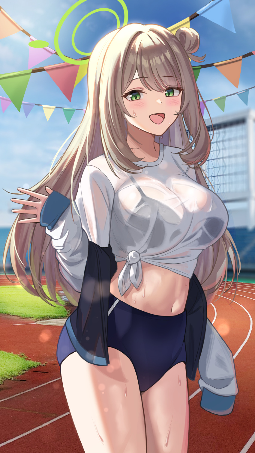 1girl :d absurdres black_bra blonde_hair blue_archive blush bra bra_visible_through_clothes breasts buruma cowboy_shot eyebrows_visible_through_hair green_eyes halo hand_up highres jacket large_breasts long_bangs long_hair looking_at_viewer navel nonomi_(blue_archive) off_shoulder outdoors rahy see-through shirt smile solo sportswear sweat tied_hair tied_shirt track_and_field underwear waving white_shirt