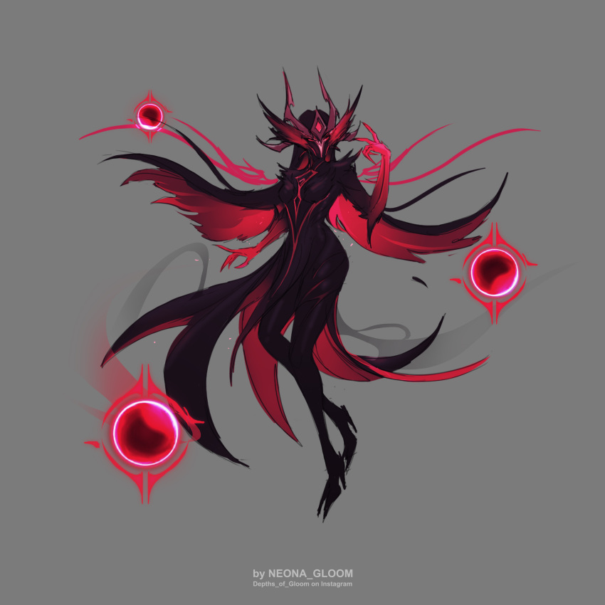 1girl absurdres bangs black_hair colored_skin full_body grey_background hand_up high_heels highres horns league_of_legends long_hair looking_at_viewer multicolored_hair neona_gloom pants red_eyes red_skin redhead simple_background solo syndra two-tone_hair web_address