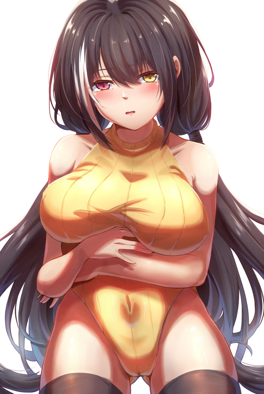 1girl alternate_costume bangs black_hair black_legwear blush breasts collarbone covered_navel crossed_arms eyebrows_visible_through_hair feet_out_of_frame girls_frontline heterochromia highres large_breasts leotard long_hair looking_at_viewer low_twintails multicolored_hair open_mouth red_eyes ribbed_leotard ro635_(girls'_frontline) solo standing sweater_vest thigh-highs twintails white_background xlscaler yellow_eyes yellow_sweater_vest