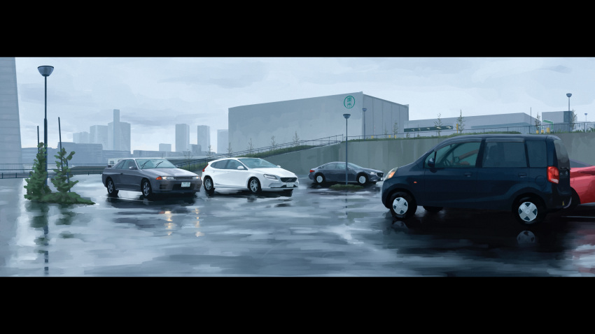 absurdres building car city cityscape clouds cloudy_sky commentary_request grey_sky ground_vehicle headlight highres lamppost motor_vehicle nissan_skyline no_humans original outdoors parking_lot rain reflection rudeko32 scenery sky skyscraper tail_lights tokyo_(city) vehicle_focus wide_shot