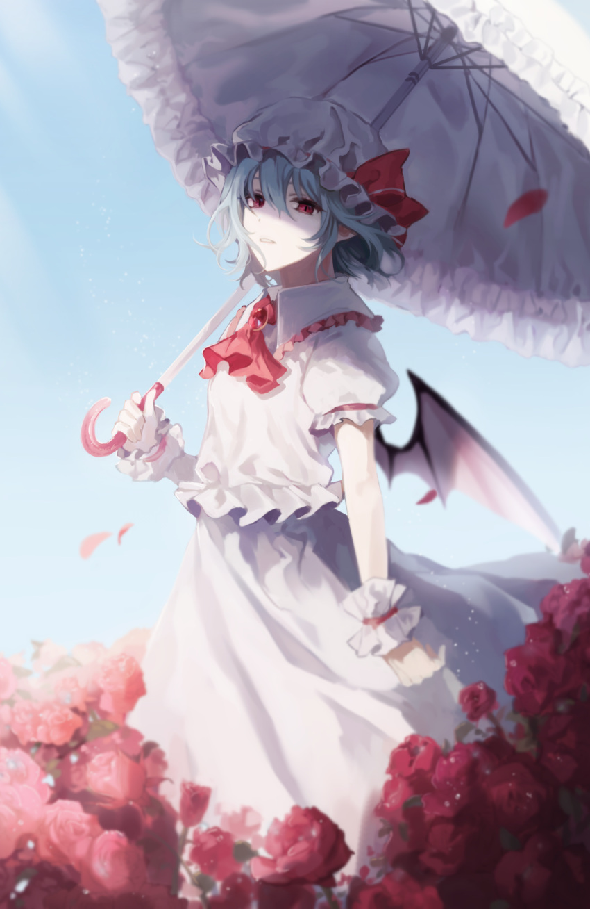 1girl ap5ry ascot bat_wings blue_hair brooch day eyebrows_behind_hair feet_out_of_frame flower frilled_shirt_collar frills from_side hair_between_eyes hand_up hat highres holding holding_umbrella jewelry looking_at_viewer mob_cap outdoors puffy_short_sleeves puffy_sleeves red_ascot red_flower red_rose remilia_scarlet revision rose shirt short_hair short_sleeves skirt solo touhou umbrella white_headwear white_shirt white_skirt wings wrist_cuffs