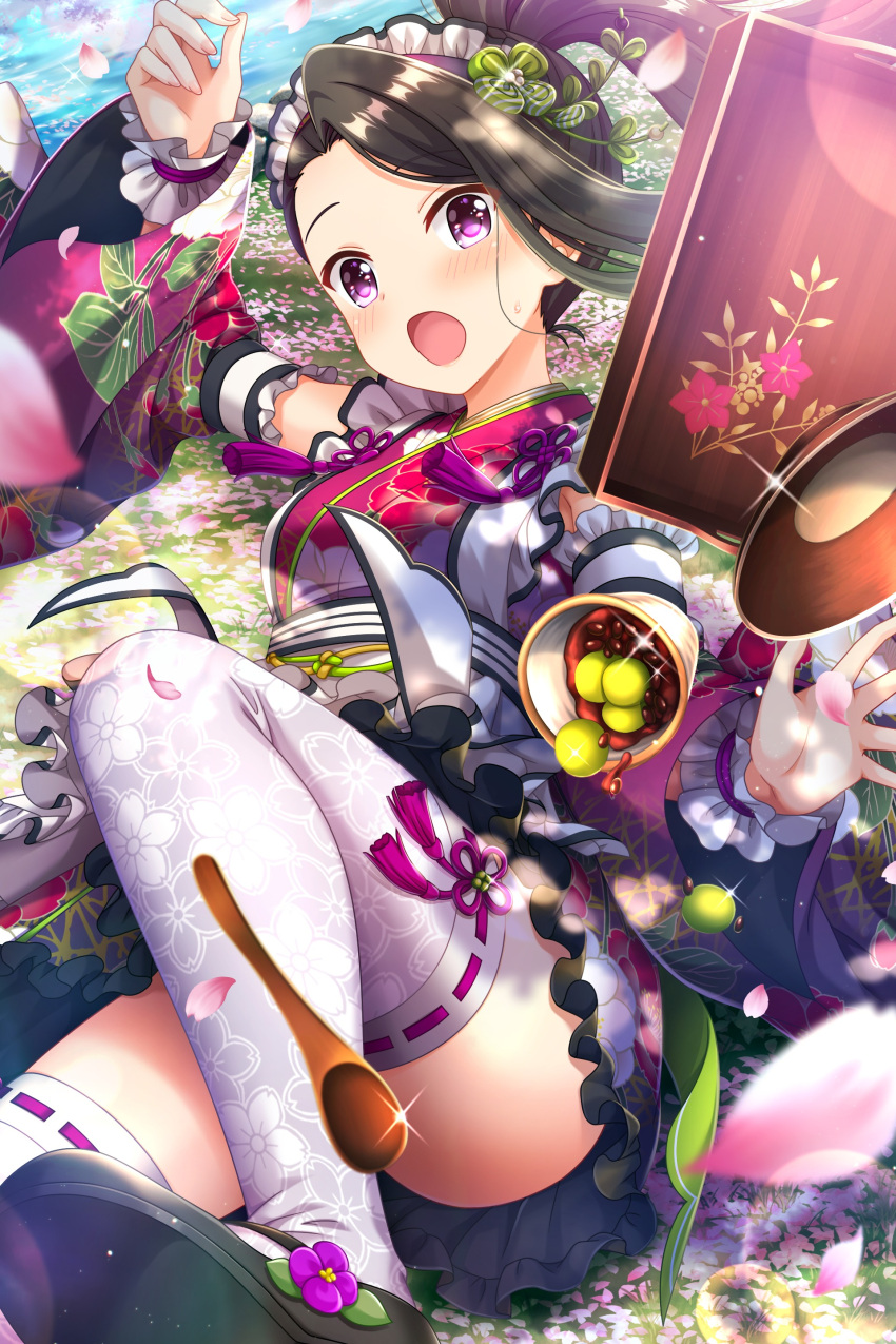 1girl :o absurdres alternative_girls black_hair bowl cup day eyebrows_visible_through_hair field floral_print flower flower_field highres looking_at_viewer official_art open_mouth ponytail saionji_rei solo spoon violet_eyes white_legwear
