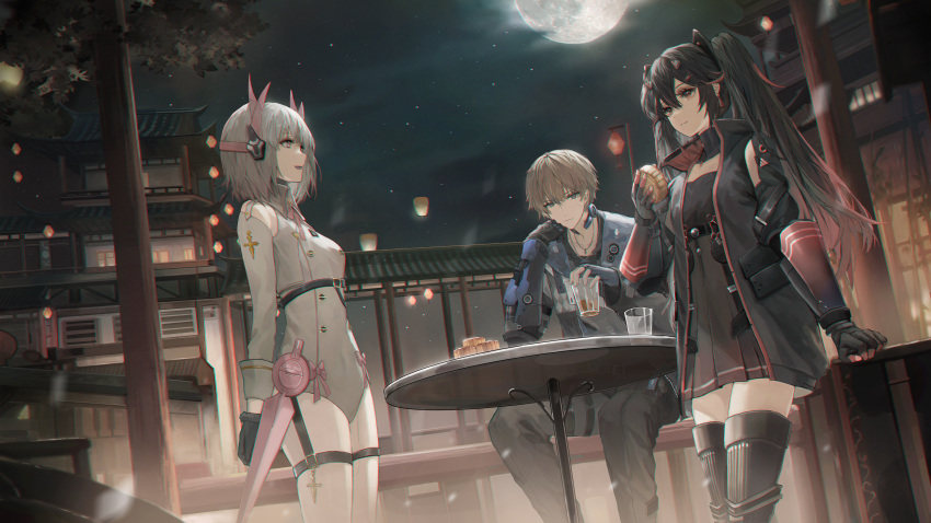 1boy 2girls absurdres accessories arms_behind_back bangs black_hair blonde_hair blue_eyes branch breasts clouds cloudy_sky cup dress fingerless_gloves food gloves grey_hair hair_between_eyes hair_ornament hallway hand_on_own_face headphones highres holding holding_cup holding_food house jacket jewelry lantern lee_(punishing:_gray_raven) leotard light_smile liv_(punishing:_gray_raven) long_hair long_sleeves looking_at_another looking_at_viewer lucia_(punishing:_gray_raven) mada_(shizhou) mecha_musume moon moonlight multicolored_hair multiple_girls necklace official_style open_mouth ornament pillar pink_eyes punishing:_gray_raven red_eyes redhead rooftop short_hair sitting sky small_breasts strap table twintails
