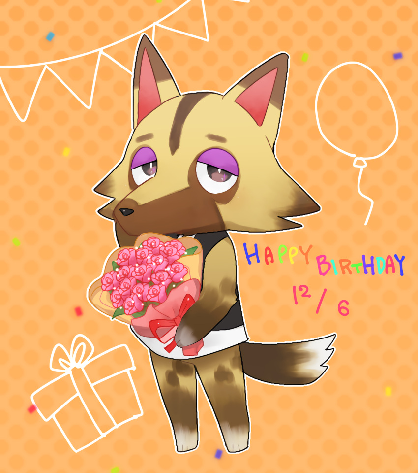 1boy animal_crossing animal_ears animal_feet animal_nose balloon black_shirt body_fur bottomless bouquet box bright_pupils brown_fur commentary_request dated flower full_body furry furry_male gift gift_box half-closed_eyes hand_on_own_cheek hand_on_own_face hand_up happy_birthday highres holding holding_bouquet kureson_(hayama_baa) kyle_(animal_crossing) looking_at_viewer male_focus orange_background outline polka_dot polka_dot_background red_flower red_rose rose shirt sleeveless sleeveless_shirt snout solo standing string_of_flags tail violet_eyes white_fur white_outline white_pupils wolf_boy wolf_ears wolf_tail yellow_fur