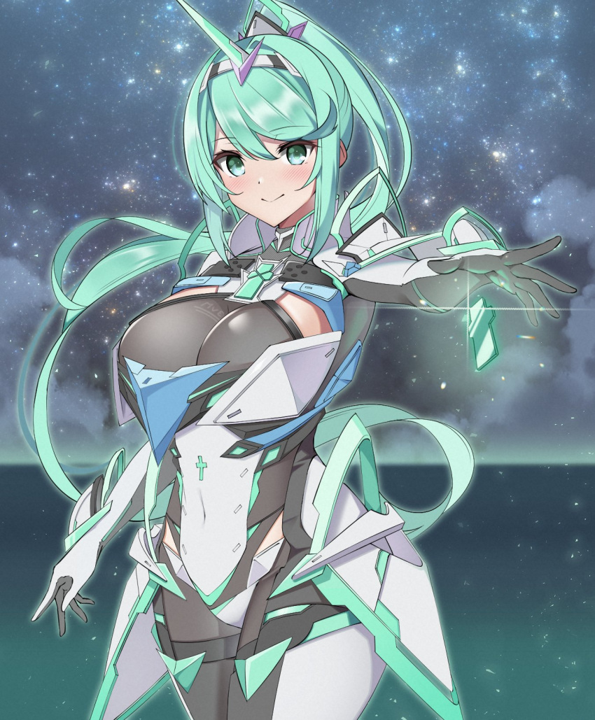 1girl bangs breasts chest_jewel earrings gem gloves greek_text green_eyes green_hair headpiece highres jewelry large_breasts long_hair pneuma_(xenoblade) ponytail solo swept_bangs tiara tsumugi_1210 very_long_hair xenoblade_chronicles_(series) xenoblade_chronicles_2