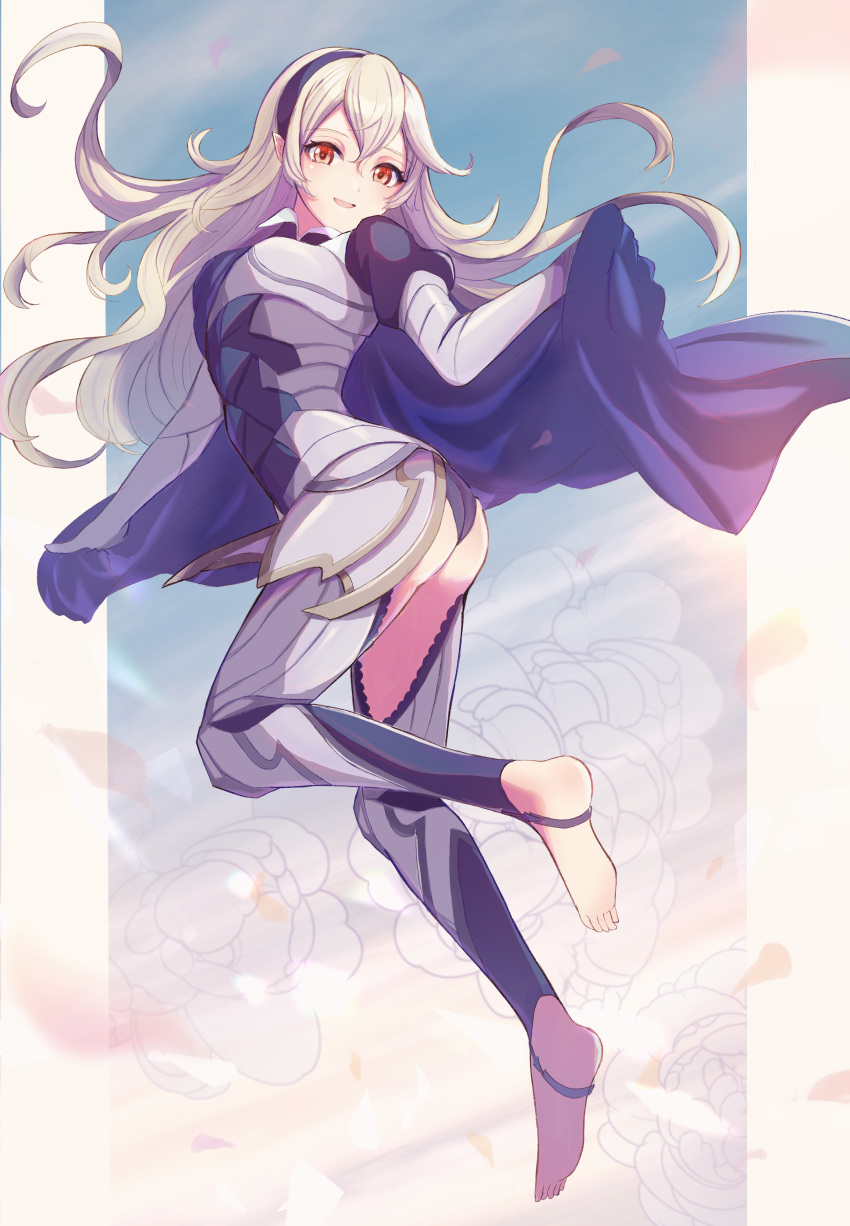 1girl :d absurdres armor bangs barefoot black_hairband black_panties blue_cape cape corrin_(fire_emblem) corrin_(fire_emblem)_(female) fire_emblem fire_emblem_fates floating_hair full_body hair_between_eyes hairband highres long_hair looking_at_viewer norimaki_(nrmk_norinori) open_mouth orange_eyes panties pointy_ears silver_hair smile solo underwear very_long_hair