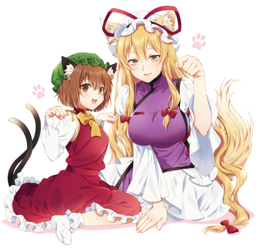 2girls animal_ears animal_hands bangs blonde_hair blush bow bowtie breasts brown_eyes brown_hair cat_ears cat_tail chen commentary_request dress duplicate earrings eyebrows_visible_through_hair eyes_visible_through_hair fang fingernails frills green_headwear hair_between_eyes hair_bow hand_up hands_up hat hat_bow jewelry juliet_sleeves kirisita large_breasts long_fingernails long_hair long_sleeves looking_at_viewer medium_breasts mob_cap multiple_girls multiple_tails nekomata no_shoes open_mouth pixel-perfect_duplicate puffy_long_sleeves puffy_sleeves purple_vest red_bow red_dress seiza shirt short_hair sidelocks simple_background single_earring sitting smile socks tabard tail tongue touhou two_tails vest white_background white_dress white_headwear white_legwear white_shirt wide_sleeves yakumo_yukari yellow_bow yellow_bowtie yellow_eyes