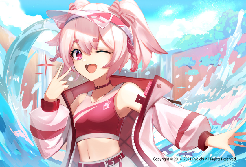 1girl bow choker crop_top hair_bow hat highres indie_virtual_youtuber looking_at_viewer midriff navel ocean one_eye_closed pink_eyes pink_hair pink_shirt ryuhyo_rione satooo_sub shirt solo sparkle v virtual_youtuber water waves