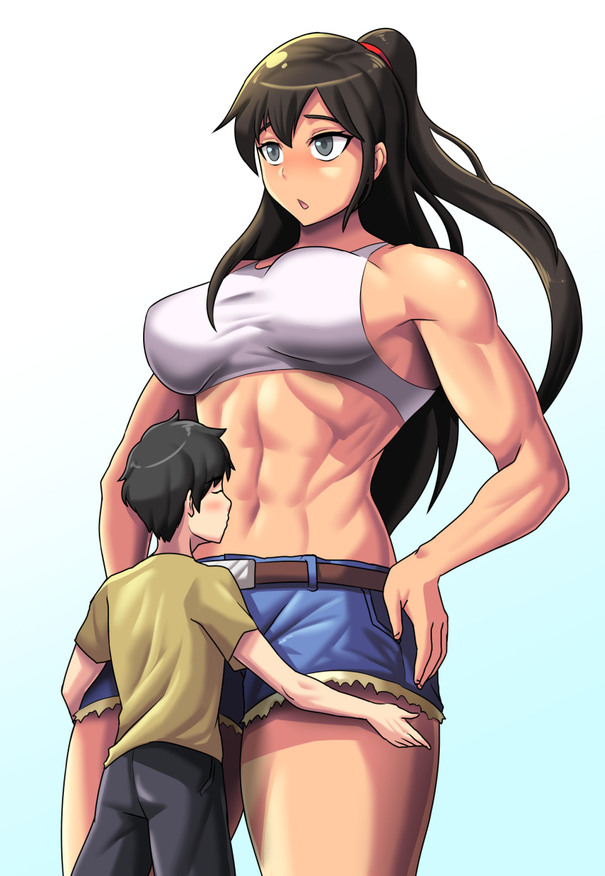 1boy 1girl abs belt belt_buckle black_hair black_pants blue_eyes blush brown_belt brown_hair buckle closed_eyes cutoffs denim denim_shorts giant giantess hands_on_another's_thighs hands_on_hips highres kiss midriff muscular muscular_female navel open_mouth original pants ponytail raised_eyebrows shirt shorts size_difference sports_bra tall_female toothbrushking white_sports_bra yellow_shirt