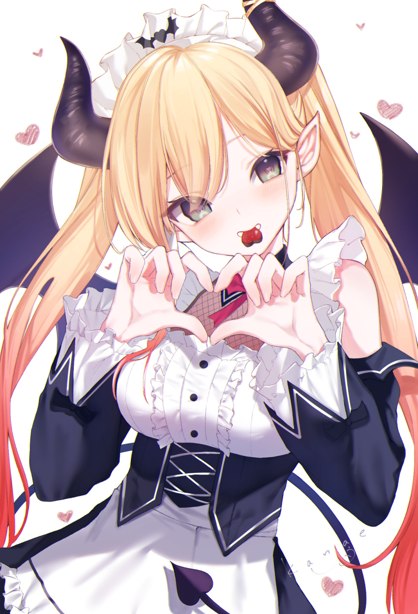 1girl apron bangs black_horns blonde_hair blush bow bowtie breasts center_frills corset demon_girl demon_horns demon_tail demon_wings detached_sleeves frills green_eyes hair_between_eyes heart heart_hands highres hololive horn_ornament horns kanae_(inorin05kanae) lolita_fashion long_hair looking_at_viewer maid_headdress makeup medium_breasts mouth_hold pointy_ears red_bow red_bowtie solo tail twintails underbust virtual_youtuber waist_apron white_apron wings yuzuki_choco