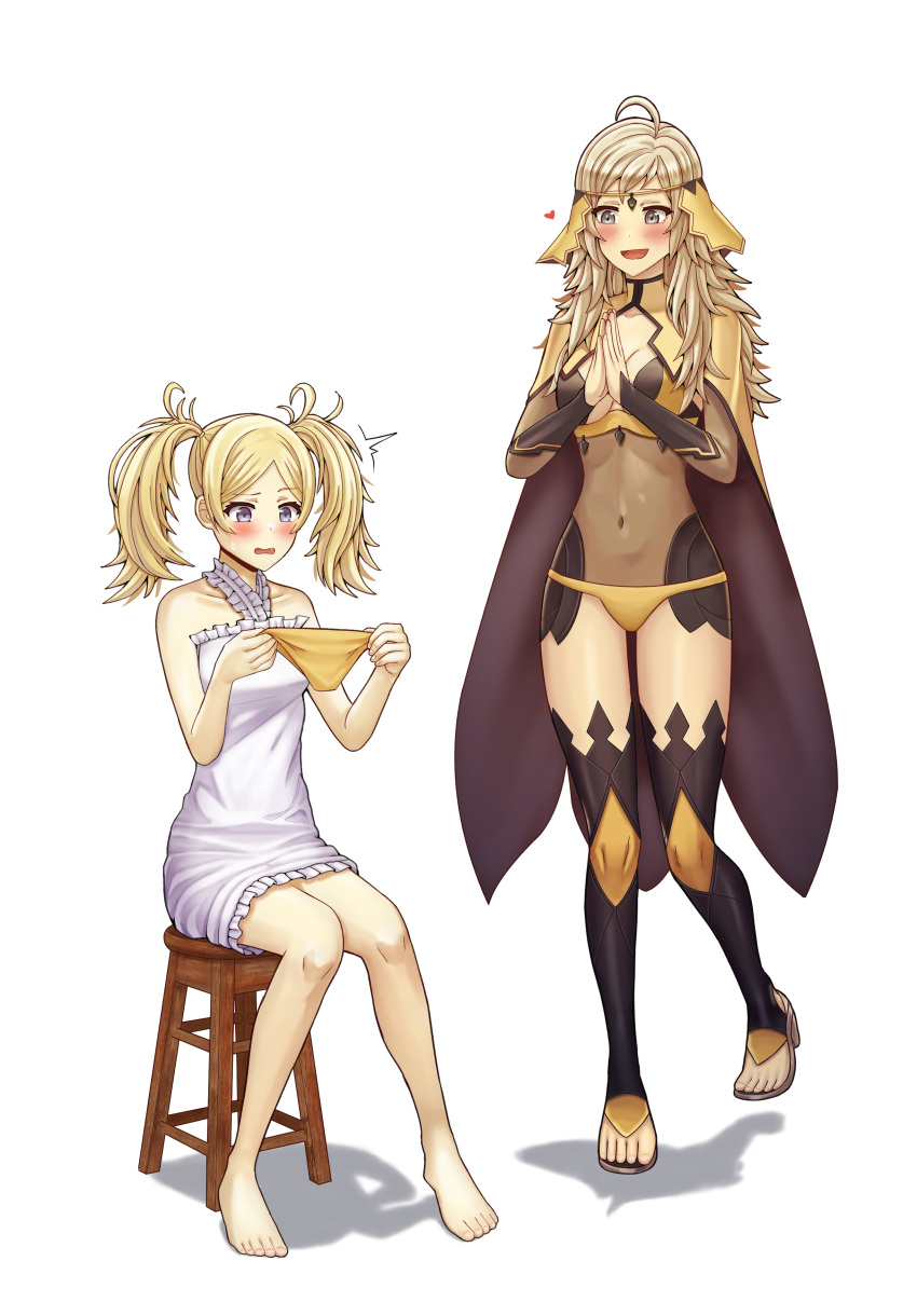 2girls absurdres ahoge asymmetrical_bangs bangs bodystocking breasts cape covered_navel fire_emblem fire_emblem_awakening fire_emblem_fates grandmother_and_granddaughter grey_eyes highres lissa_(fire_emblem) medium_breasts multiple_girls nightgown open_mouth ophelia_(fire_emblem) panties saikunartworks sitting stool thigh-highs turtleneck twintails underwear yellow_panties