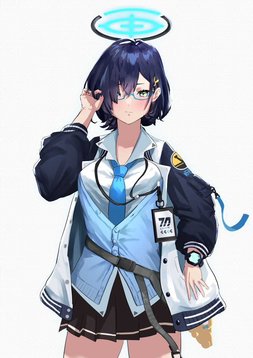 1girl absurdres adjusting_hair black_skirt blue-framed_eyewear blue_archive blue_jacket blue_necktie blue_sweater_vest blush breasts bunny_hair_ornament chihiro_(blue_archive) closed_mouth collared_shirt cowboy_shot dark_blue_hair embarrassed fanny_pack green_eyes hair_ornament hair_over_one_eye halo hand_up highres id_card jacket lanyard large_breasts letterman_jacket long_sleeves looking_at_viewer multicolored_clothes multicolored_jacket necktie open_clothes open_jacket pleated_skirt ponzu_0419 popped_collar semi-rimless_eyewear shirt short_hair simple_background skirt solo sweater_vest under-rim_eyewear watch watch white_background white_jacket white_shirt