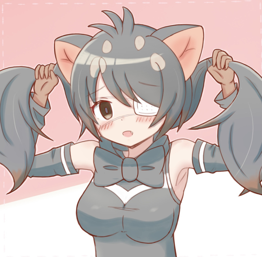 1girl :d animal_ears australian_devil_(kemono_friends) bare_shoulders black_bow black_bowtie black_hair black_shirt black_sleeves blush bow bowtie brown_eyes brown_gloves brown_hair commentary_request dotted_line eyepatch fang gloves gradient_hair highres holding holding_hair kemono_friends long_hair long_sleeves looking_at_viewer low_twintails medical_eyepatch multicolored_hair pink_background shirt sleeveless sleeveless_shirt smile solo sunanuko_(ramuneko) twintails two-tone_background upper_body very_long_hair white_background