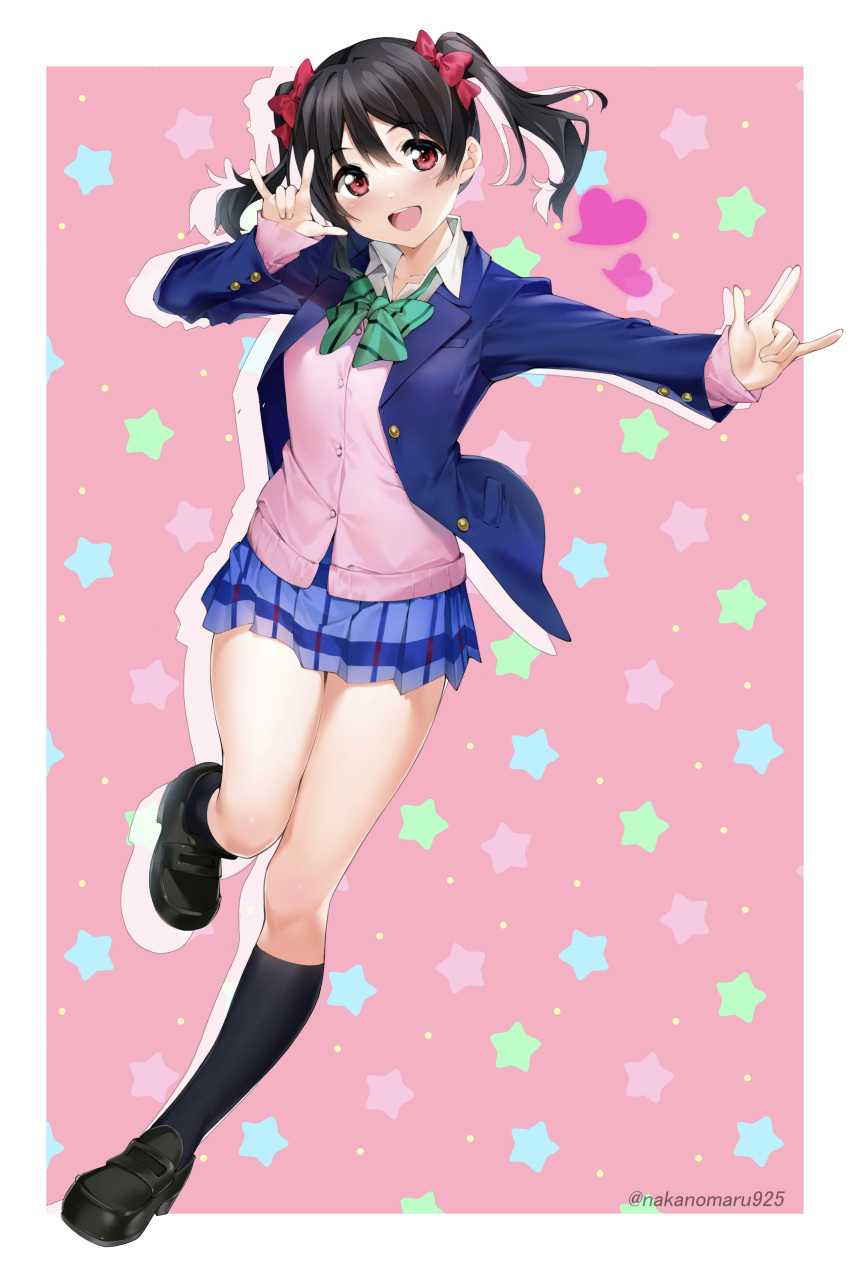 1girl \m/ absurdres artist_name black_footwear black_hair black_legwear blazer blue_jacket blue_skirt border bow bowtie cardigan green_bow green_bowtie hair_bow heart highres jacket kneehighs loafers long_sleeves love_live! medium_hair nakano_maru open_clothes open_jacket otonokizaka_school_uniform pink_background pink_cardigan plaid plaid_skirt red_bow red_eyes school_uniform shoes simple_background skirt solo star_(symbol) striped striped_bow striped_bowtie twintails yazawa_nico