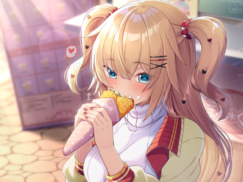 1girl akai_haato bangs blonde_hair blue_eyes blush breasts cobblestone commentary_request crepe eating eyebrows_visible_through_hair food food_on_face hair_between_eyes hair_ornament hairclip hands_up heart heart-shaped_pupils heart_hair_ornament highres holding holding_food hololive jacket lens_flare long_hair long_sleeves looking_at_viewer magowasabi nail_polish open_clothes open_jacket red_nails signature solo spoken_heart sweater symbol-shaped_pupils translation_request turtleneck turtleneck_sweater twitter_username two-handed two_side_up upper_body virtual_youtuber white_sweater yellow_jacket