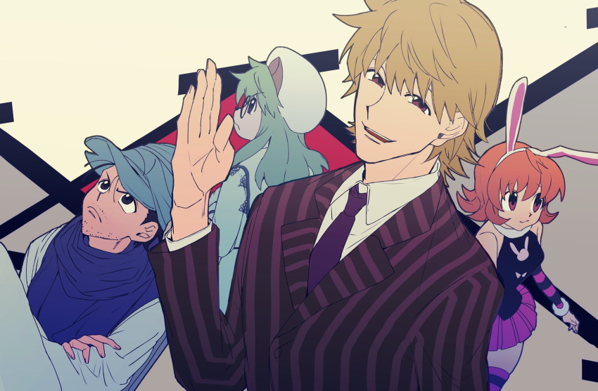 animal_ears blonde_hair cheadle_yorkshire facial_hair formal ging_freecss green_hair hand_up hat highres hunter_x_hunter male_focus official_style orange_hair pariston_hill pitatann piyon_(hunter_x_hunter) rabbit_ears rabbit_girl short_hair smile solo_focus suit