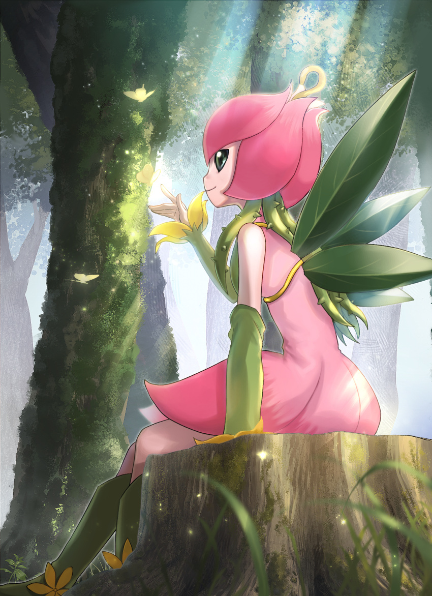 1girl closed_mouth day detached_sleeves digimon dress forest green_eyes green_footwear green_sleeves green_wings highres lillymon ma_(souseki556) nature no_humans outdoors pink_dress profile short_dress sitting sleeveless sleeveless_dress smile wings