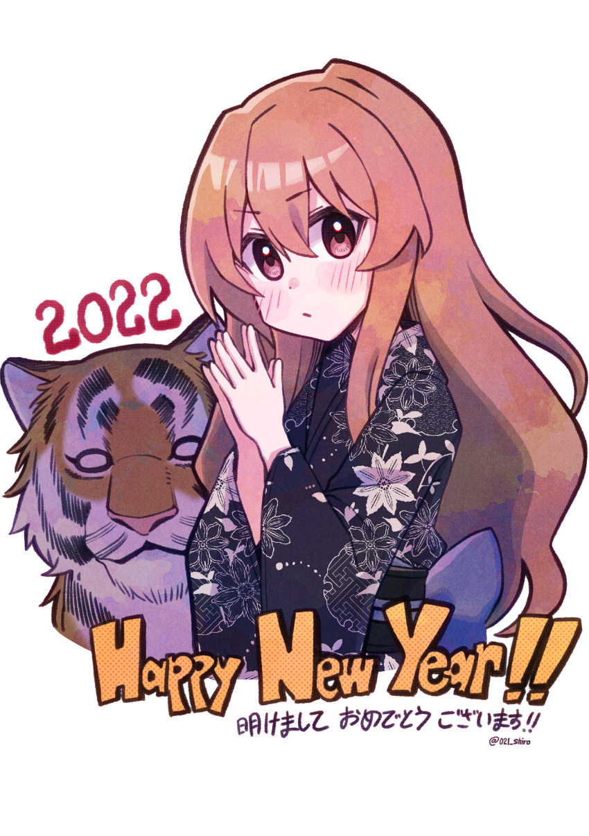021_shiro 1girl 2022 absurdres aisaka_taiga bangs black_kimono blush brown_eyes brown_hair chinese_zodiac closed_mouth commentary eyebrows_visible_through_hair floral_print hair_between_eyes hands_up happy_new_year highres japanese_clothes kimono long_hair long_sleeves looking_at_viewer own_hands_clasped own_hands_together simple_background solo tiger toradora! translation_request twitter_username upper_body white_background wide_sleeves year_of_the_tiger yukata