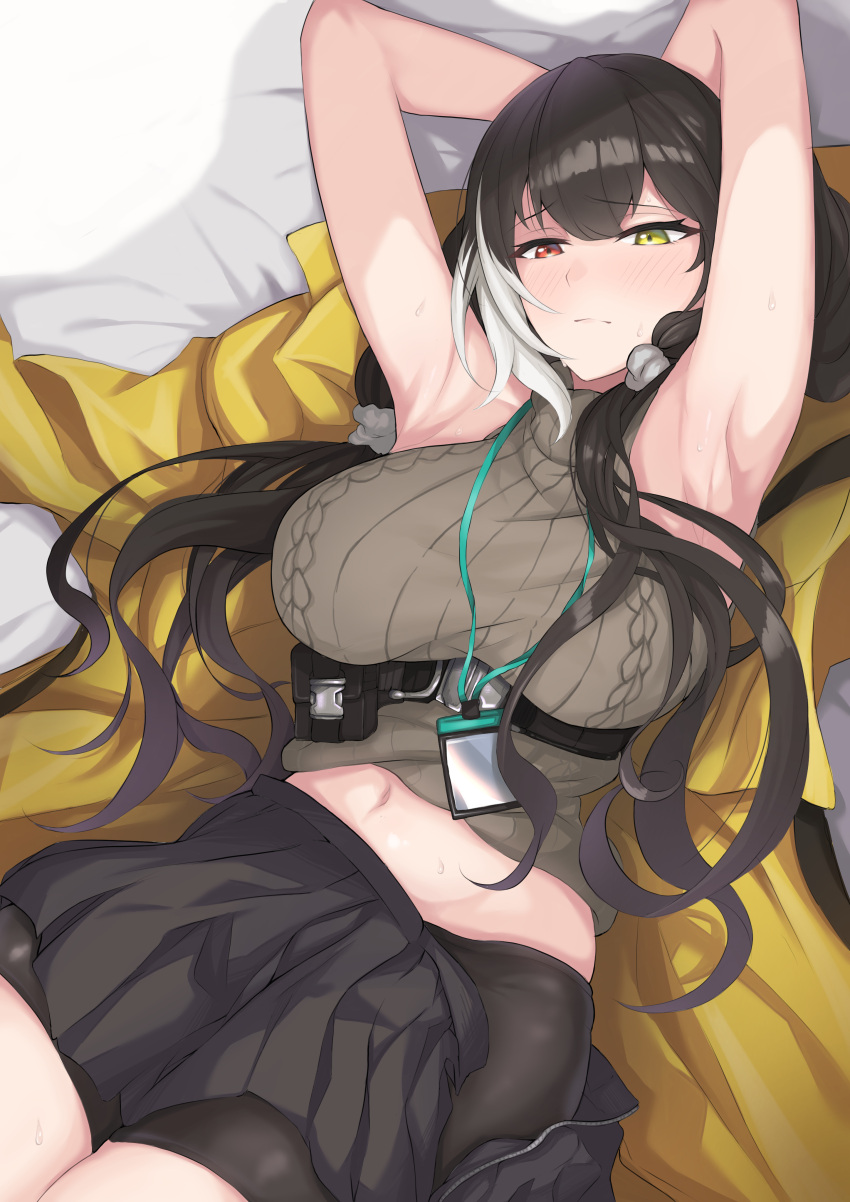 1girl absurdres armpits arms_behind_head arms_up bike_shorts black_hair black_shorts black_skirt brown_sweater commission girls_frontline heterochromia highres jacket long_hair low_twintails lying miniskirt multicolored_hair navel on_back pleated_skirt red_eyes ro635_(girls'_frontline) shitamichi shorts shorts_under_skirt skeb_commission skirt sleeveless sleeveless_sweater solo streaked_hair sweater twintails white_hair yellow_eyes yellow_jacket