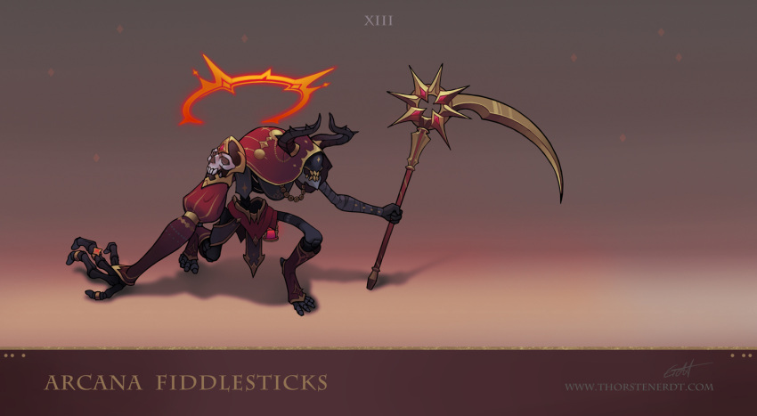 1other bandaged_arm bandages character_name english_commentary holding holding_scythe holding_weapon hood hood_up horns league_of_legends roman_numeral scythe signature skull standing teeth thorsten_erdt weapon web_address